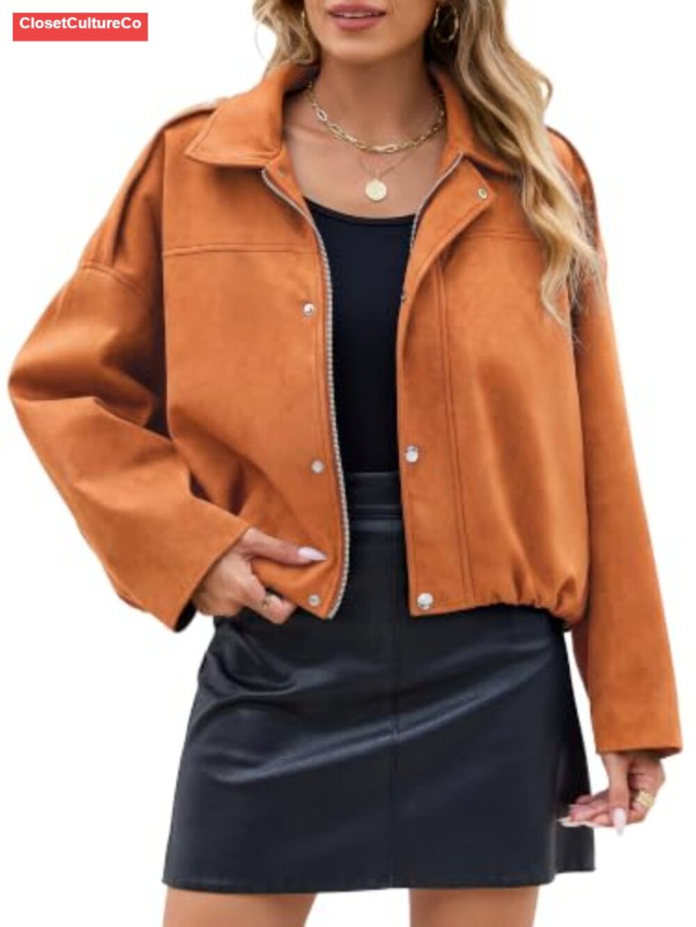 Faux Suede Cropped Bomber Jacket Oversized Zip Up Fall Outfit